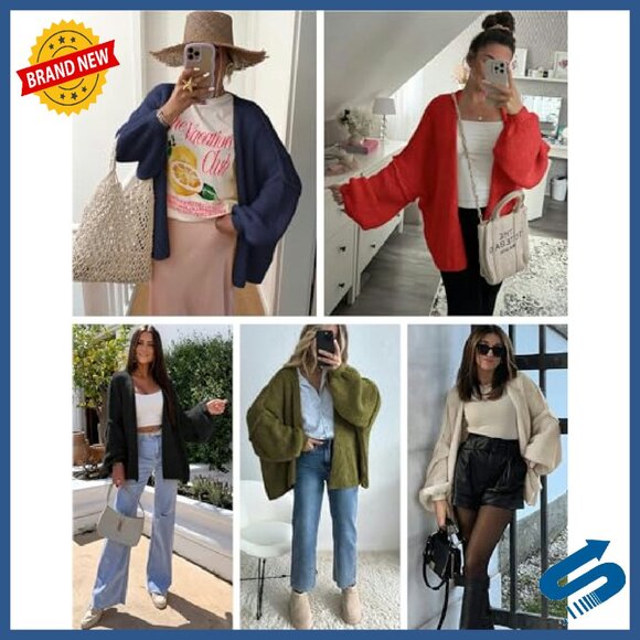 Oversized Cardigan Lantern Sleeve Lightweight Knit Open Front Sweater - Picture 7 of 8